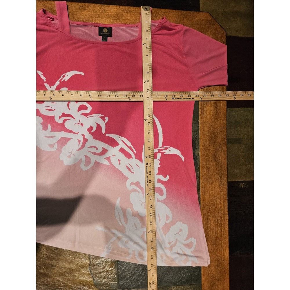 JM Collection Top Womens L Asymetric Hem Pink Floral Print Tunic Cold Shoulder - Picture 9 of 9